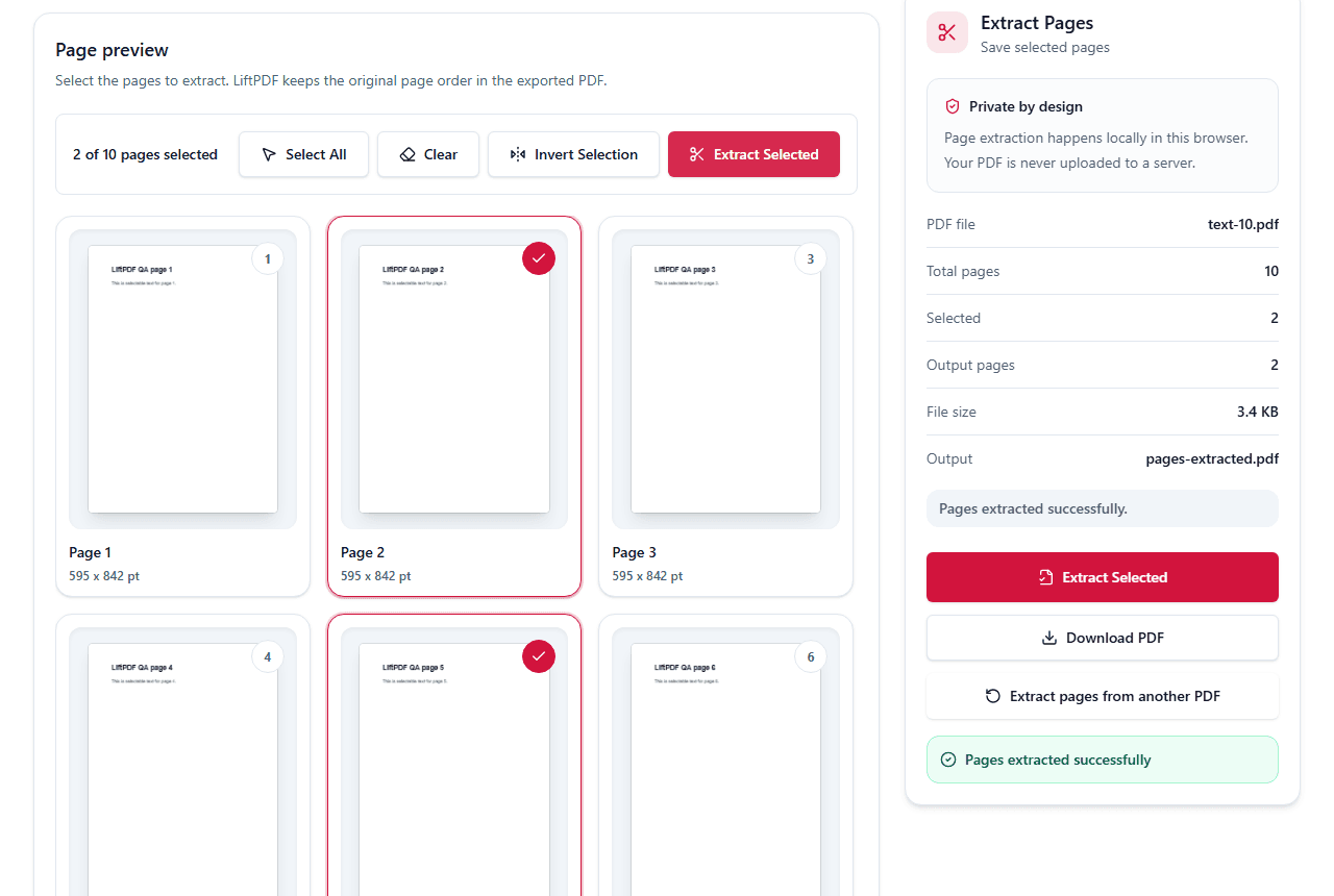 LiftPDF Extract Pages success state after selected pages are exported