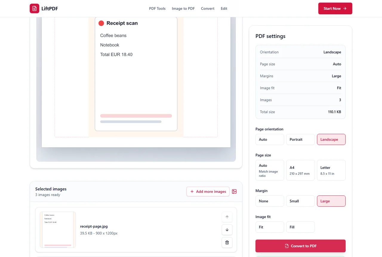 LiftPDF JPG to PDF success state after creating a PDF