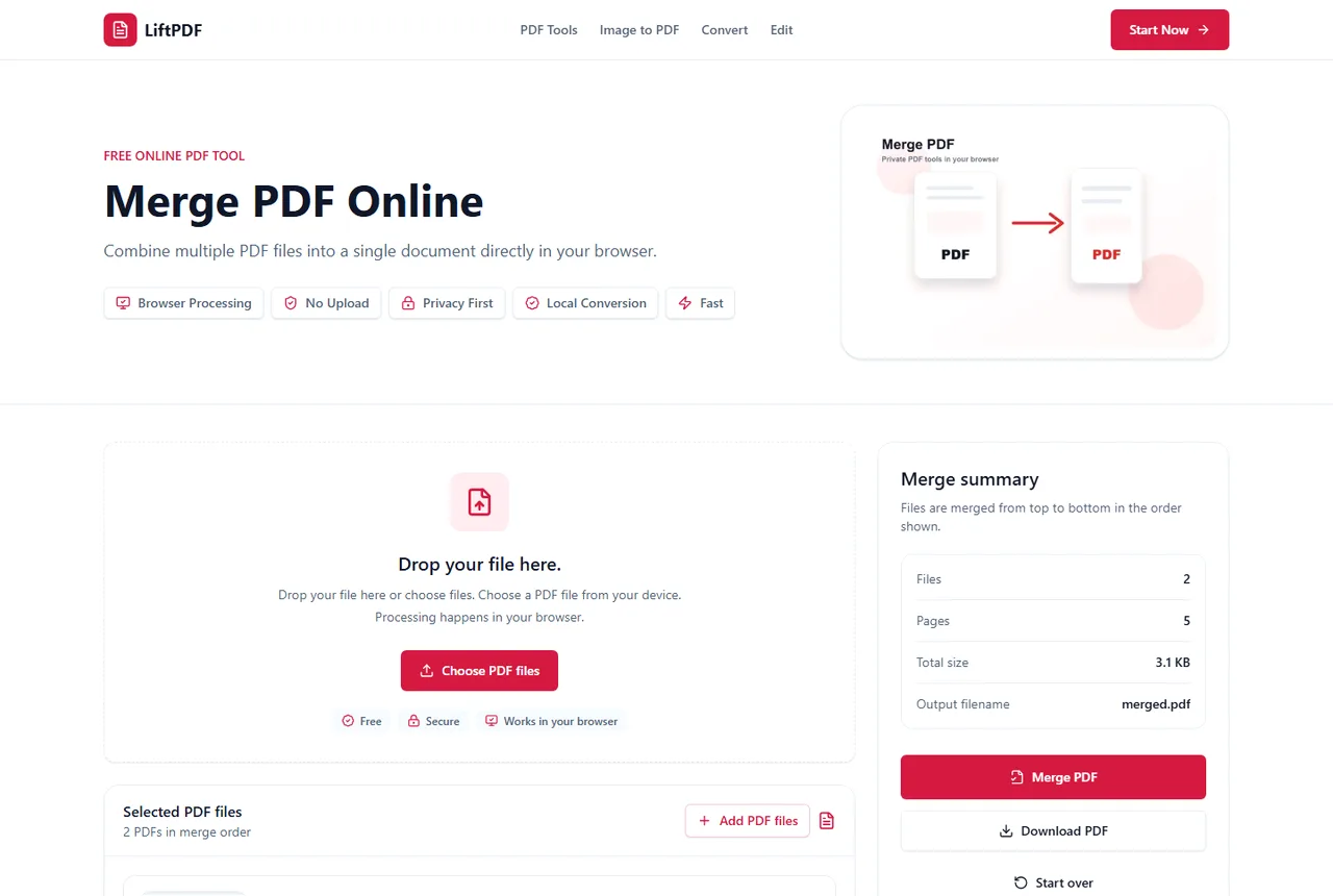 LiftPDF Merge PDF workflow with upload, preview and download steps