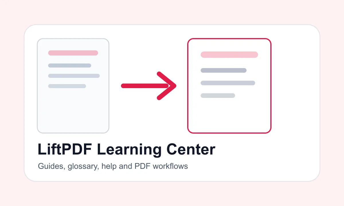 LiftPDF Learning Center visual with guides, tools and PDF workflow cards