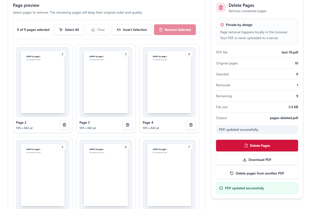 Delete PDF Pages success state after creating an updated PDF