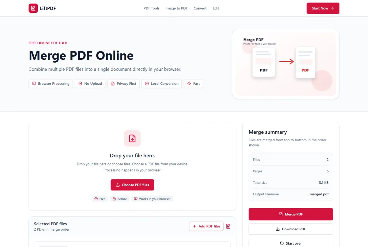LiftPDF Merge PDF before export with selected PDF files