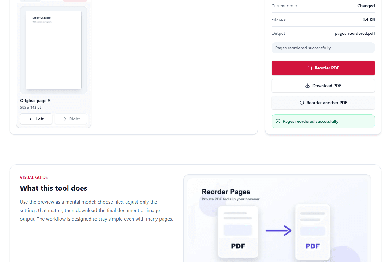 Reorder PDF Pages success state after creating a reordered PDF