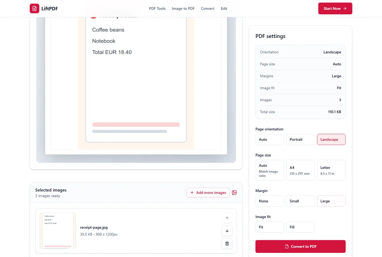 JPG to PDF live layout preview