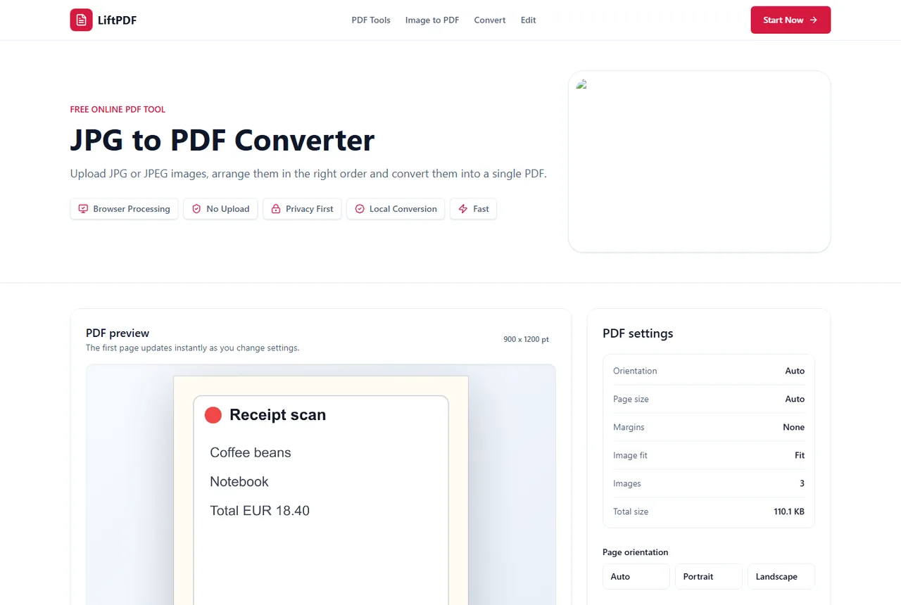 LiftPDF JPG to PDF workflow with upload preview and download